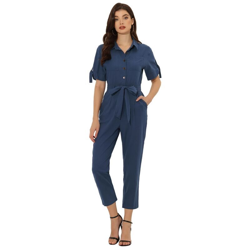 アレグラ ケー レディース トップス ワンピース ロンパース ダウン ジャンプスーツ ALLEGRA K Womens Romper Turndown Collar Button up Tie Waist Cargo Jumpsuit Dark Blue ブル