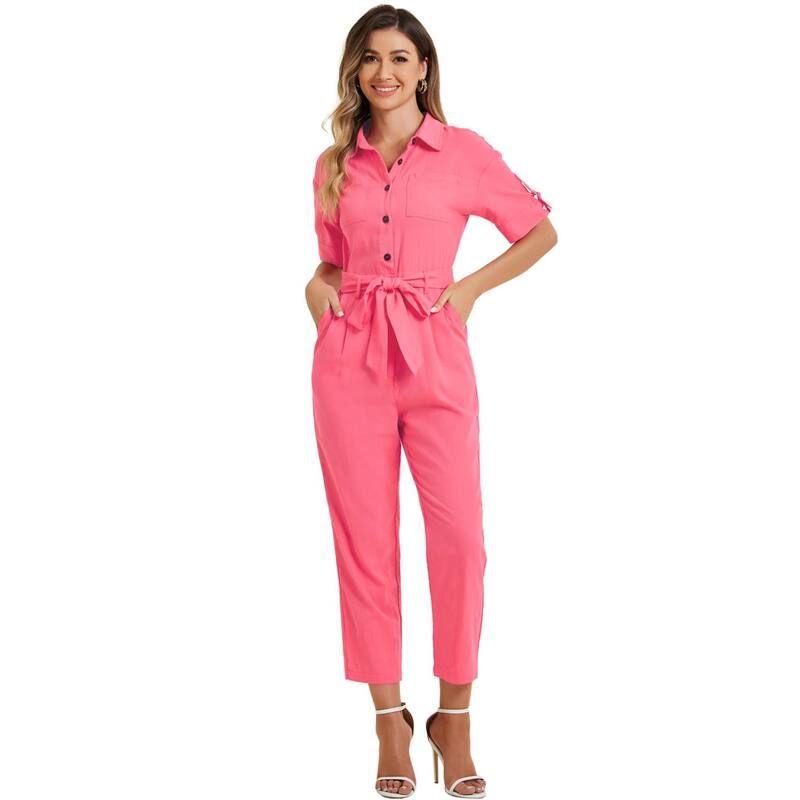 アレグラ ケー レディース トップス ワンピース ロンパース ダウン ジャンプスーツ ALLEGRA K Womens Romper Turndown Collar Button up Tie Waist Cargo Jumpsuit Watermelon R