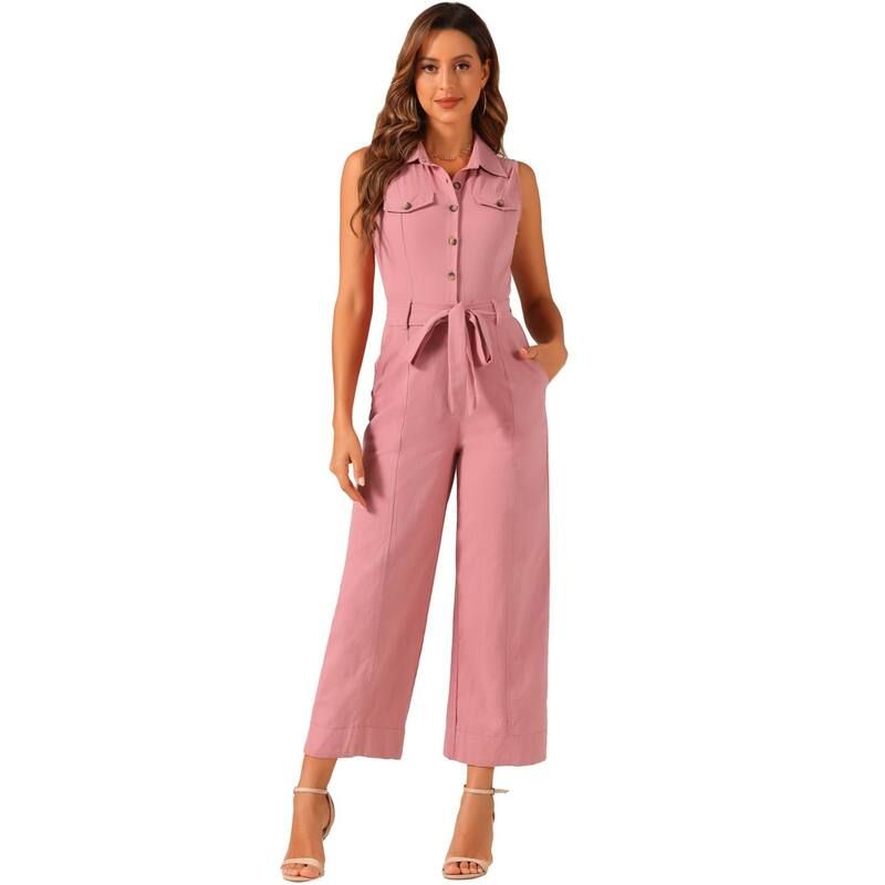アレグラ ケー レディース トップス ワンピース ノースリーブ アンクル ジャンプスーツ ALLEGRA K Womens Ankle Tie Waist Workwear Button Front Sleeveless Jumpsuit Pink ピンク