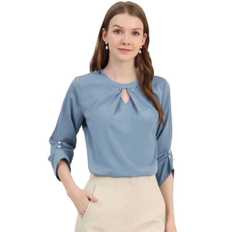 アレグラ ケー レディース トップス シャツ シフォン プリーツ ギャザー ブラウス ALLEGRA K Womens Work Office Keyhole Pleated Front Ruched 34 Sleeve Shirt Chiffon Blous