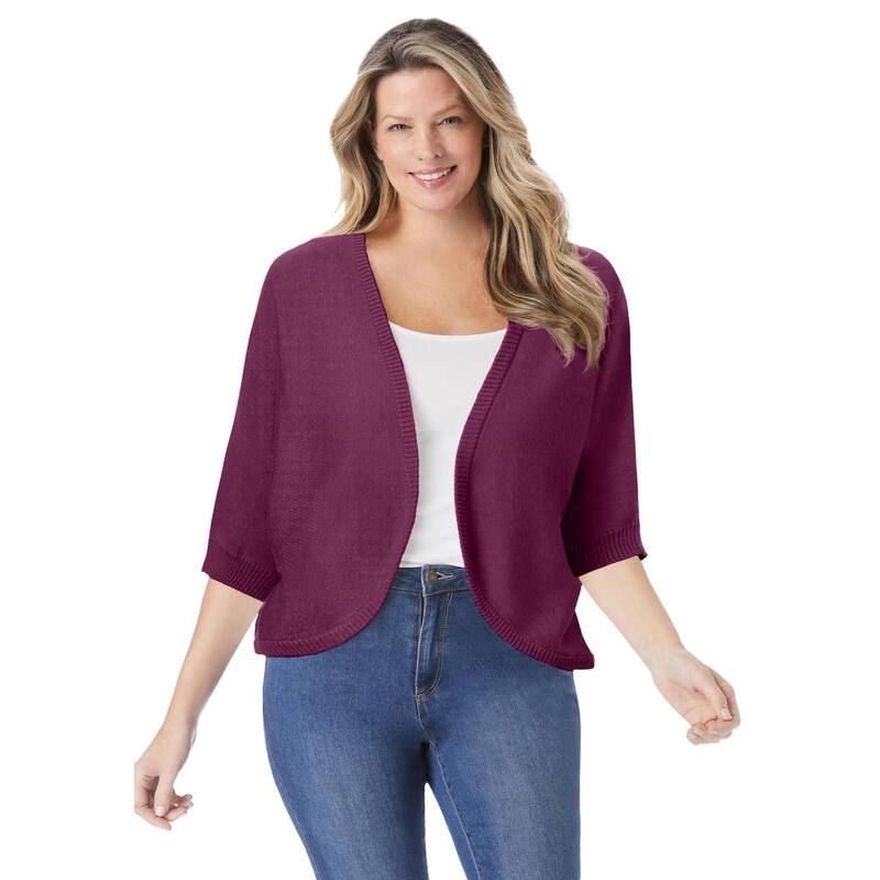 ウーマン ウィズイン レディース アウター ニット・セーター プラスサイズ カーディガン Woman Within Plusize Rib Trim Cardigan Shrug Sweater Deep Claret