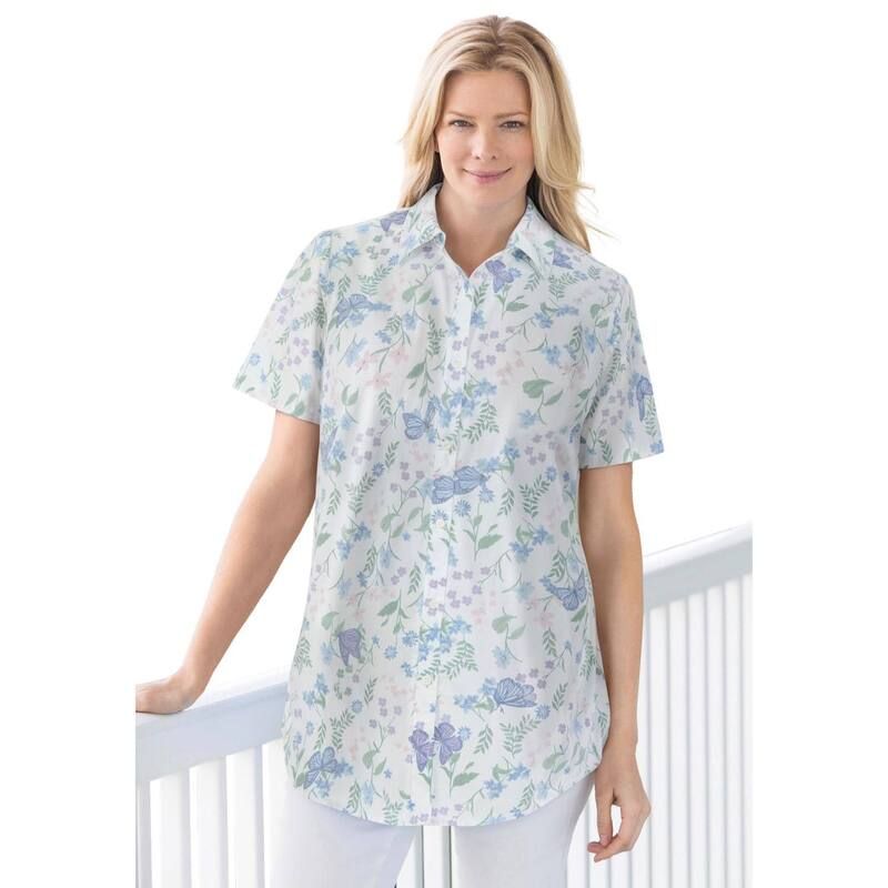ウーマン ウィズイン レディース トップス シャツ プラスサイズ プチ Woman Within Plusize Petite Perfect Short Sleeve Shirt White Butterflies ホワイト