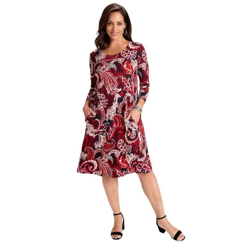 ジェシカロンドン レディース トップス ワンピース プラスサイズ Tシャツ ニット Jessica London Womens Plusize Stretch Knithreequarter Sleeve Tshirt Dress Red Black Pais