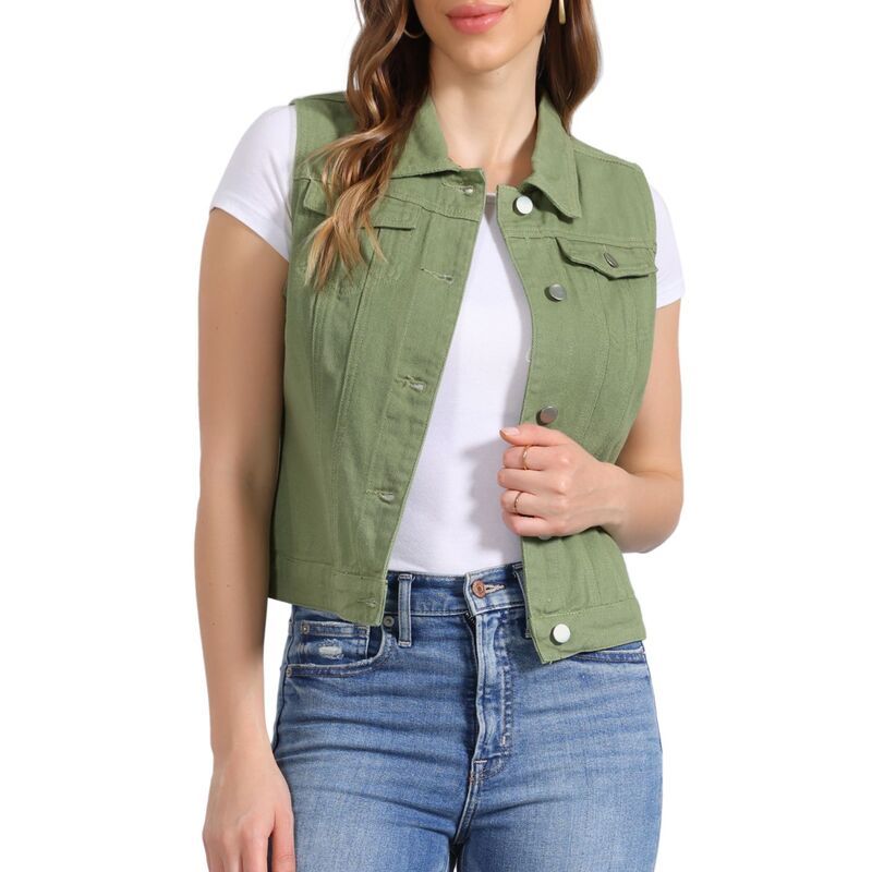 アレグラ ケー レディース アウター ジャケット・ブルゾン ベスト デニム ALLEGRA K Womens Washed Chest Flapocketsingle Breastedenim Vest Jacket Bean Green グリーン
