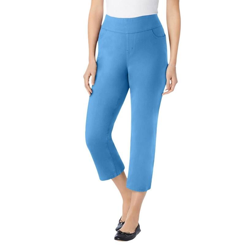 ウーマン ウィズイン レディース ボトムス カジュアルパンツ プラスサイズ デニム キャップ ジーンズ Woman Within Plusize PullOn ElasticWaistretch Denim Capri Jeans Azure Blue ブルー