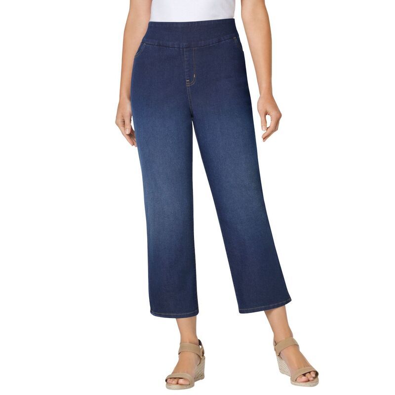 ウーマン ウィズイン レディース ボトムス カジュアルパンツ プラスサイズ デニム キャップ ジーンズ Woman Within Plusize PullOn ElasticWaistretch Denim Capri Jeans Indigo Sanded