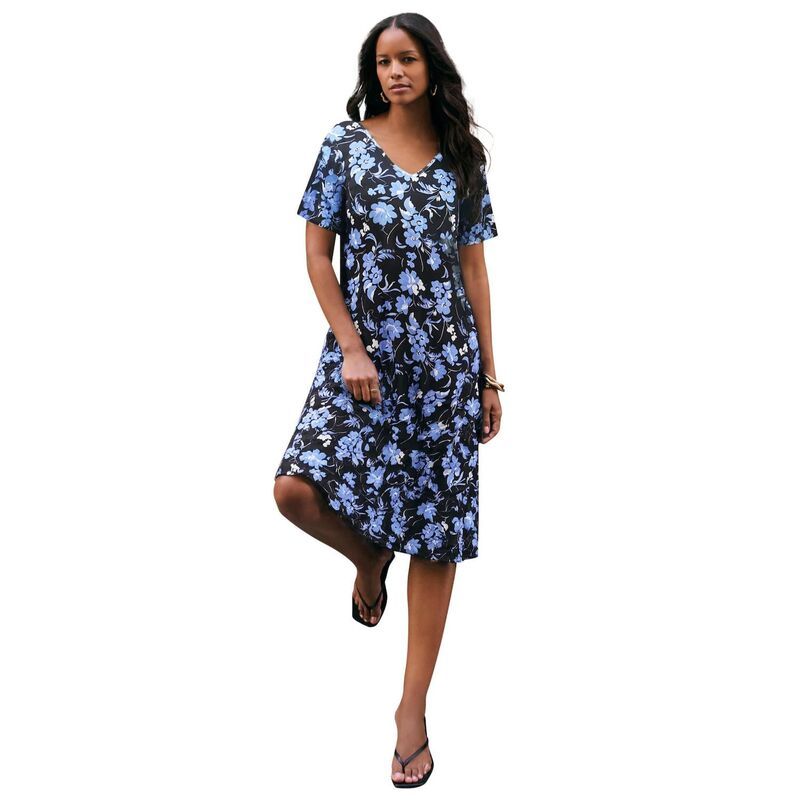 ロアマンズ レディース トップス ワンピース プラスサイズ Roamans Womens Plusize Short Sleeve Swing Dress Black Graphic Bouquet ブラック