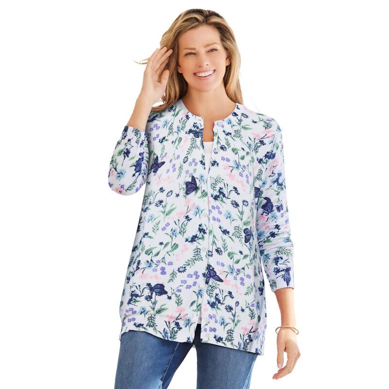 ウーマン ウィズイン レディース アウター ニット・セーター プラスサイズ カーディガン 長袖 Woman Within Plusize Perfect LongSleeve Cardigan Sweater White Butterfly Garden ホワ