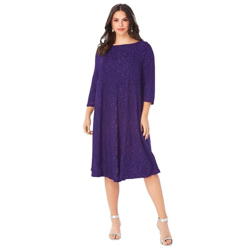 ロアマンズ レディース トップス ワンピース プラスサイズ レース Roamans Womens Plusize PlusSize 34 Sleeve Boatneck Lace Swing Dress Midnight Violet バイオレット