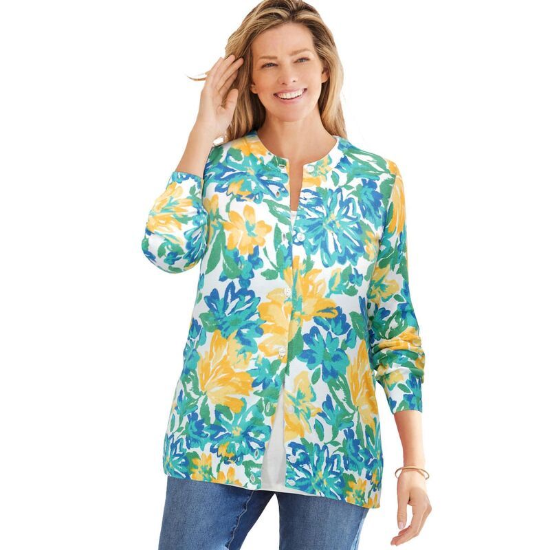ウーマン ウィズイン レディース アウター ニット・セーター プラスサイズ カーディガン 長袖 Woman Within Plusize Perfect LongSleeve Cardigan Sweater Yellow Painted Floral イエロ