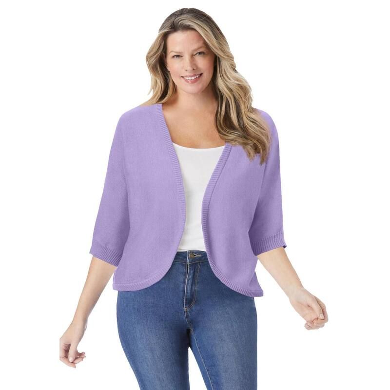 ウーマン ウィズイン レディース アウター ニット・セーター プラスサイズ カーディガン Woman Within Plusize Rib Trim Cardigan Shrug Sweater Soft Iris