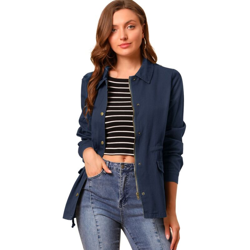 アレグラ ケー レディース アウター ジャケット・ブルゾン ダウン ALLEGRA K Womens Turndown Collar Long Sleeve Drawstring Flapocket Zipper Utility Jacket Navy Blu