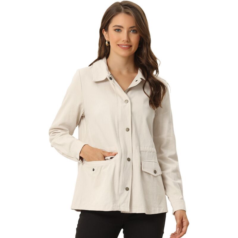 アレグラ ケー レディース アウター ジャケット・ブルゾン ダウン ALLEGRA K Womens Turndown Collar Long Sleeve Drawstring Flapocket Zipper Utility Jacket Apricot