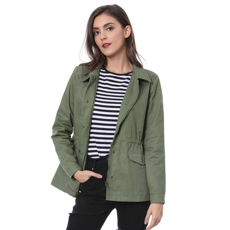 アレグラ ケー レディース アウター ジャケット・ブルゾン ダウン ALLEGRA K Womens Turndown Collar Long Sleeve Drawstring Flapocket Zipper Utility Jacket Green グリ
