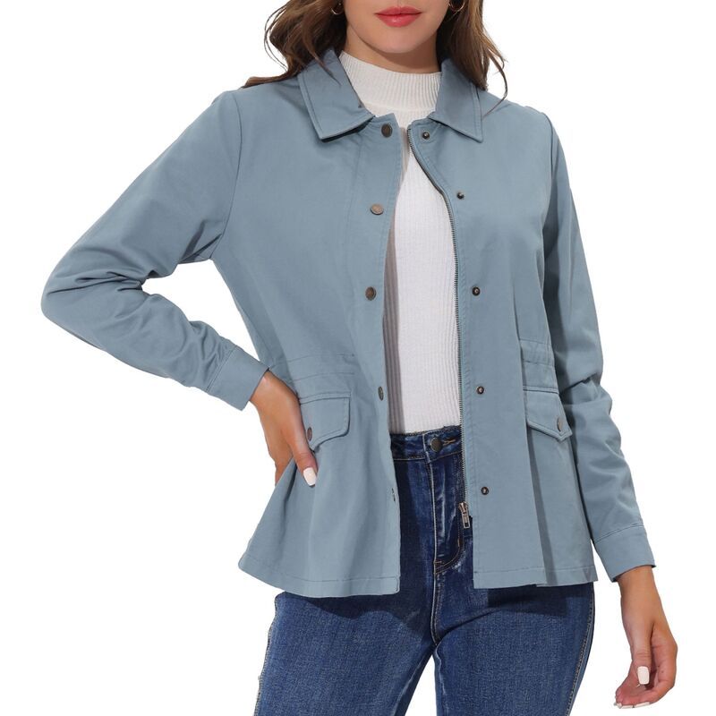 アレグラ ケー レディース アウター ジャケット・ブルゾン ダウン ALLEGRA K Womens Turndown Collar Long Sleeve Drawstring Flapocket Zipper Utility Jacket Grey Blu