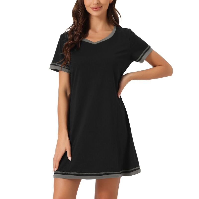 cheibear レディース アンダーウェア ナイトウェア Vネック シャツ コントラスト cheibear Womenshort Sleeve Nightshirt Contrast Color V Neck Nightgown Sleepdress Bla