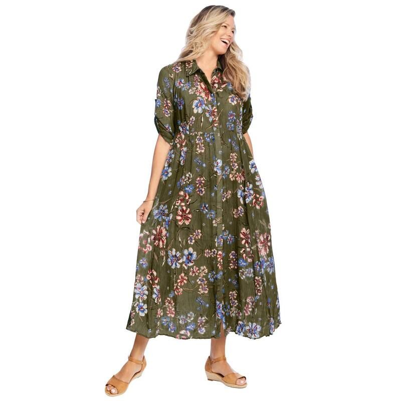 ウーマン ウィズイン レディース トップス ワンピース プラスサイズ シャツ Woman Within Plusize RollTab Sleeve Crinkle Shirtdress Dark Basil Floral