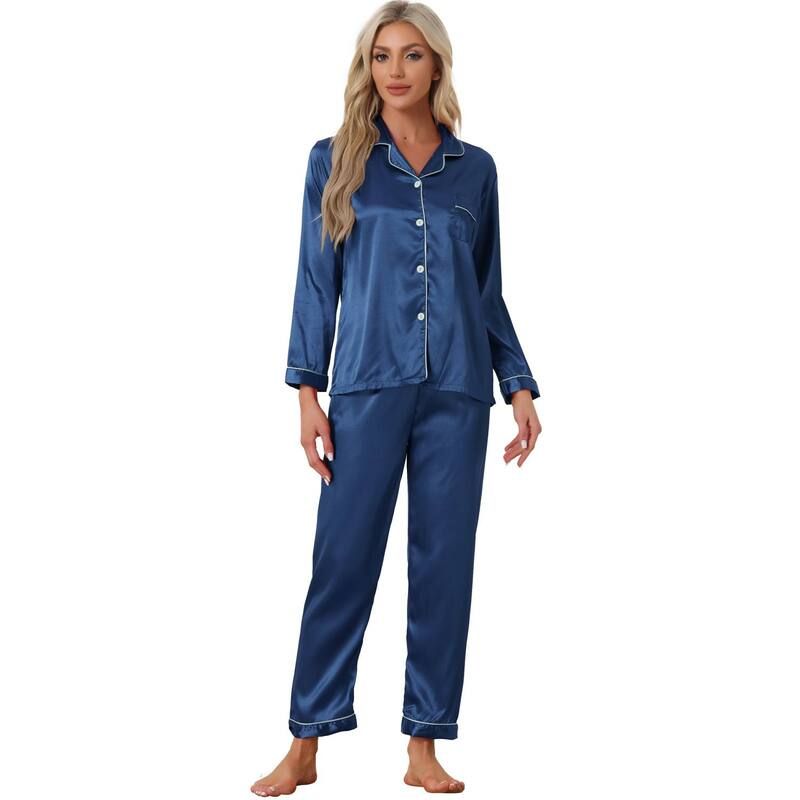 cheibear レディース アンダーウェア ナイトウェア パンツ サテン cheibear Womens Pajama Loungewear Long Sleeves Tops and Pantsatin Sets Dark Blue ブルー