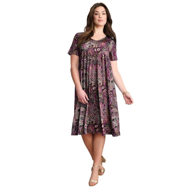ロアマンズ レディース トップス ワンピース プラスサイズ Roamans Womens Plusize Short Sleeve Swing Dress Claret Paisley Print