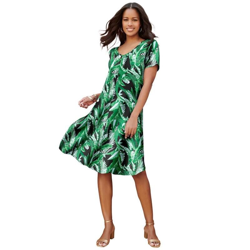 ロアマンズ レディース トップス ワンピース プラスサイズ Roamans Womens Plusize Short Sleeve Swing Dress Green Palm Leaves グリーン