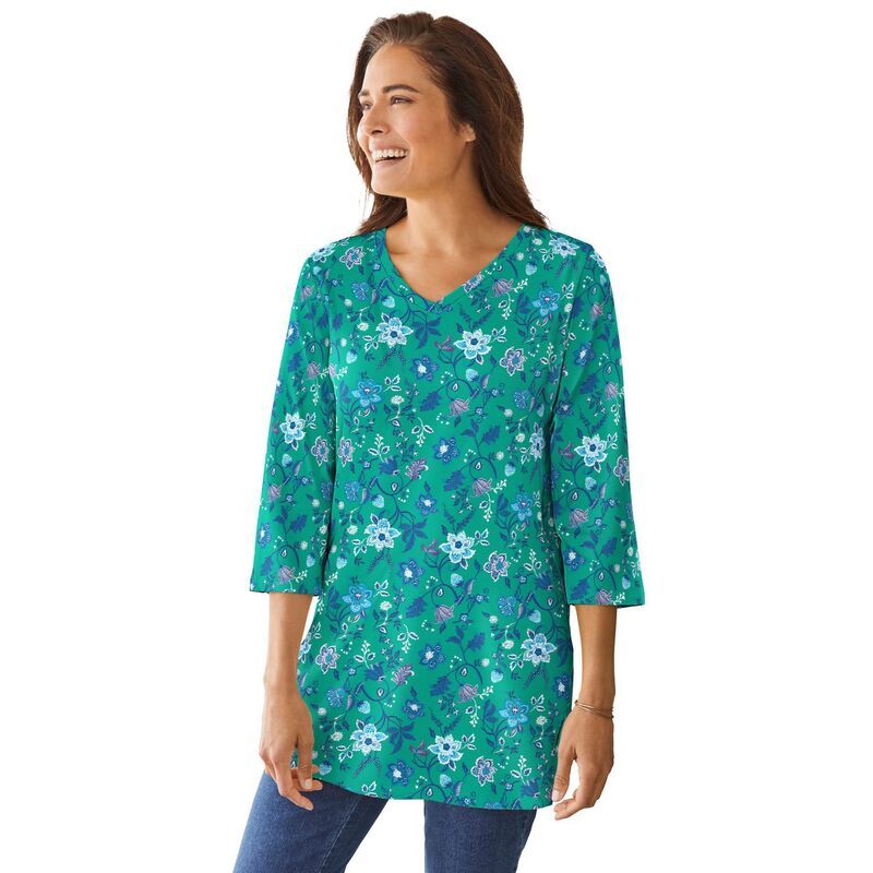 ウーマン ウィズイン レディース トップス Tシャツ Vネック プラスサイズ プリント Woman Within Plusize Perfect Printed ThreeQuarterSleeve VNeck Tunic Pretty Jade Jacqua