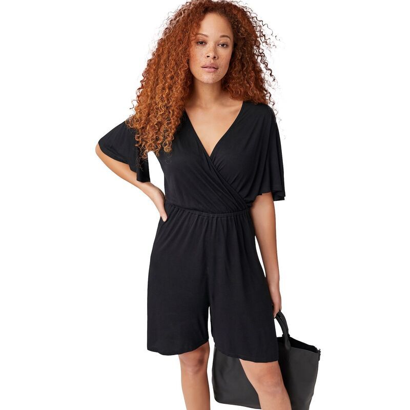 Ellos レディース トップス ワンピース プラスサイズ ロンパース ellos Plusize Flutter Sleeve Surplice Romper Black ブラック