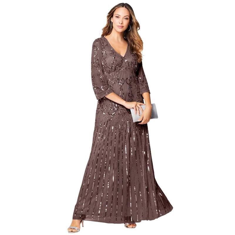 ロアマンズ レディース トップス ワンピース Vネック プラスサイズ マキシ Roamans Womens Plusize Beaded VNeck 34 Sleeve Maxi Gown Deep Taupe トープ