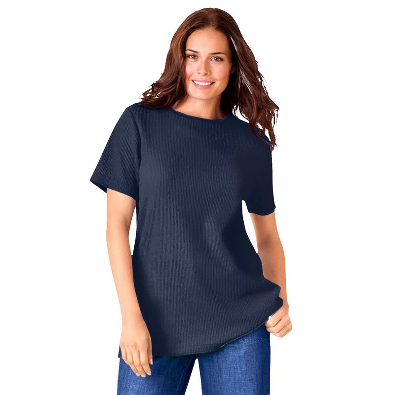 ウーマン ウィズイン レディース トップス Tシャツ プラスサイズ サテン Woman Within Plusize Waffle Thermal Satin Trim Tee Navy ネイビー