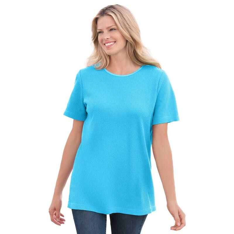 ウーマン ウィズイン レディース トップス Tシャツ プラスサイズ サテン Woman Within Plusize Waffle Thermal Satin Trim Tee Paradise Blue ブルー