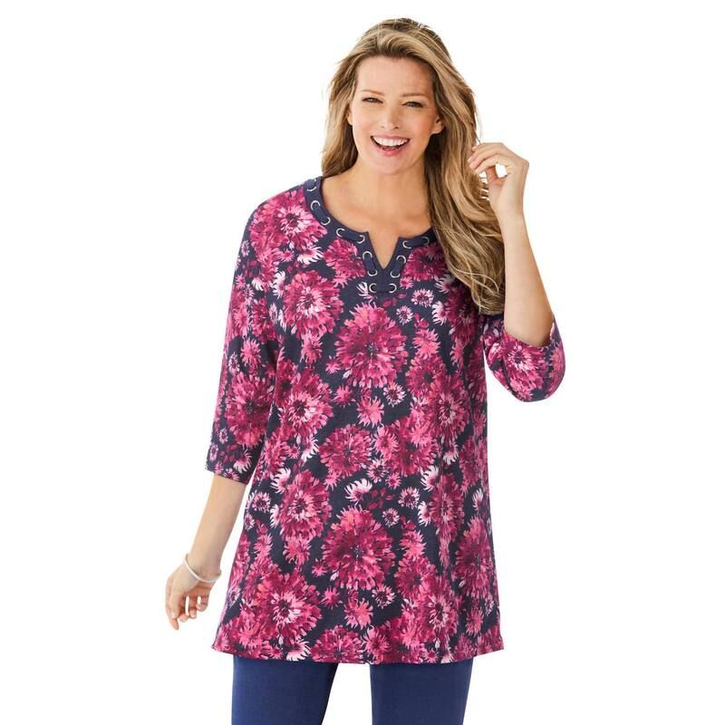ウーマン ウィズイン レディース トップス Tシャツ プラスサイズ Woman Within Plusize 7Day ThreeQuarter Sleeve Grommet Notch Tunic Navy Rasberry ネイビー