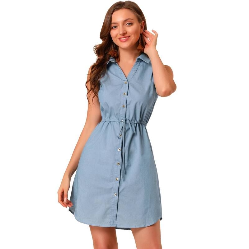 アレグラ ケー レディース トップス ワンピース ボタンダウン シャツ ノースリーブ ダウン デニム ALLEGRA K Womensleeveless Collar Button Down Tie Waist Belt Denim Shirt Dress L 10,281円