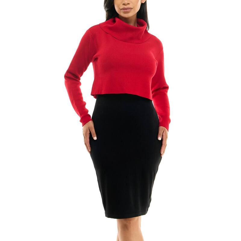 ニナレオナルド レディース トップス ワンピース セーター カラーブロック Womens Nina Leonard Colorblock Cowl Neck Sweater Dress Black Red ブラック