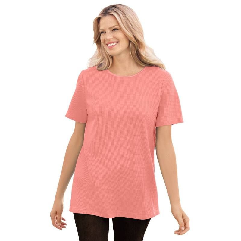 ウーマン ウィズイン レディース トップス Tシャツ プラスサイズ サテン Woman Within Plusize Waffle Thermal Satin Trim Tee Sweet Coral コーラル