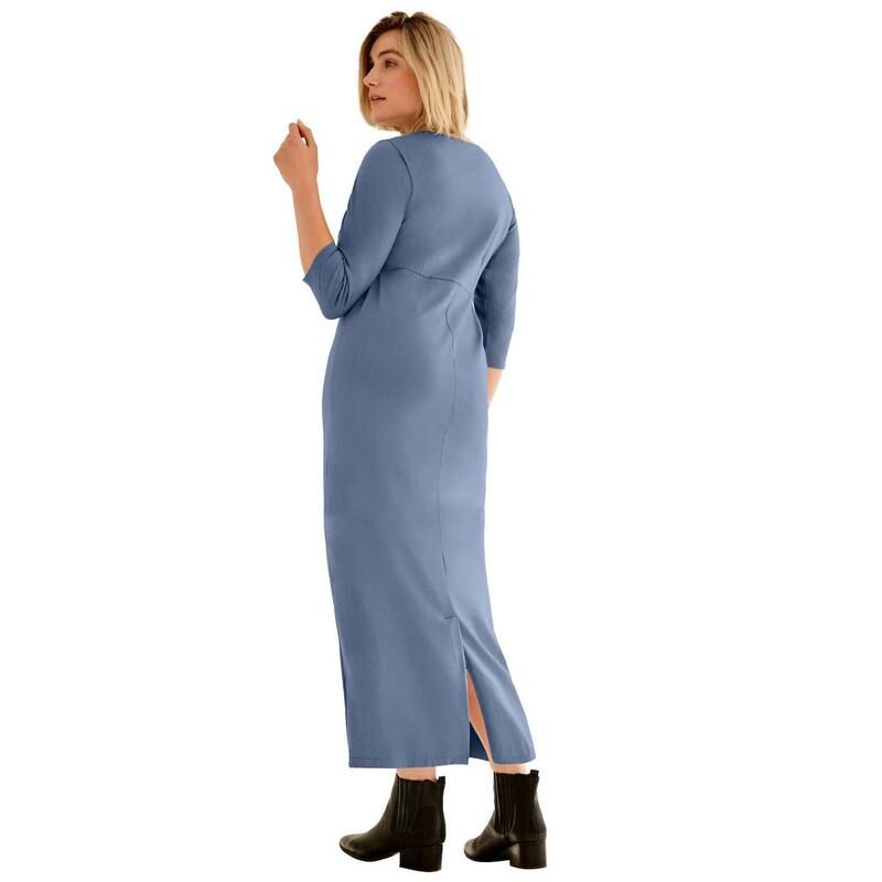 Ellos レディース トップス ワンピース クルーネック プラスサイズ コットン マキシ ellos Plusize Cotton Spandex Crew Neck 34 Sleeve Maxi Dress Pale Indigo インディゴ