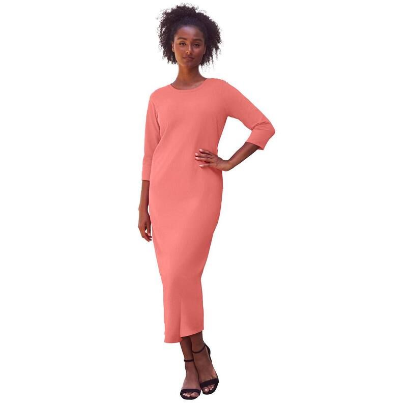 Ellos レディース トップス ワンピース クルーネック プラスサイズ コットン マキシ ellos Plusize Cotton Spandex Crew Neck 34 Sleeve Maxi Dressweet Coral コーラル