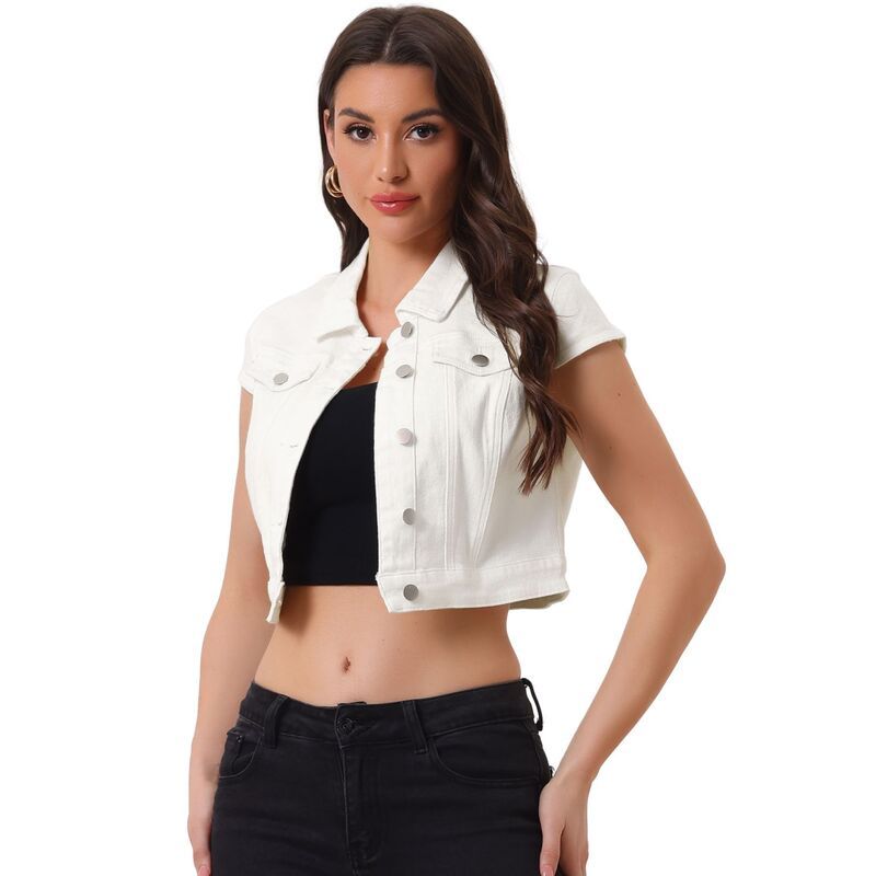 アレグラ ケー レディース アウター ジャケット・ブルゾン ボタンダウン クロップド デニム ALLEGRA K Womensummer Denim Jackets Button Down Short Sleeve Cropped Jean Jacket Wh