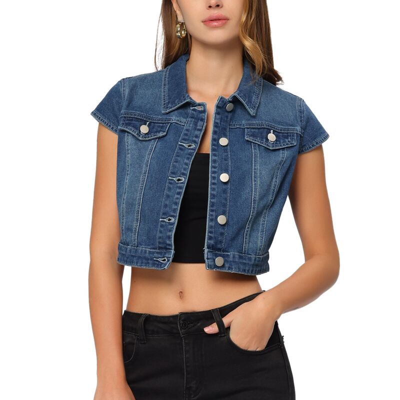 アレグラ ケー レディース アウター ジャケット・ブルゾン ボタンダウン クロップド デニム ALLEGRA K Womensummer Denim Jackets Button Down Short Sleeve Cropped Jean Jacket Bl