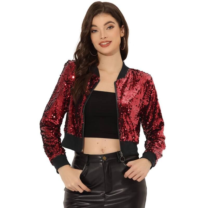 アレグラ ケー レディース アウター ジャケット・ブルゾン スパンコール クロップド ALLEGRA K Womensequin Sparkle Zipper Cropped Bomber Jacket Red A レッド
