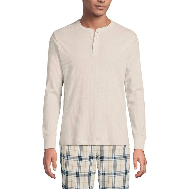 ランズエンド レディース アンダーウェア ナイトウェア リブ Mens Lands End Ribbed Pajama Sleep Henley Flax Heather ヘザー
