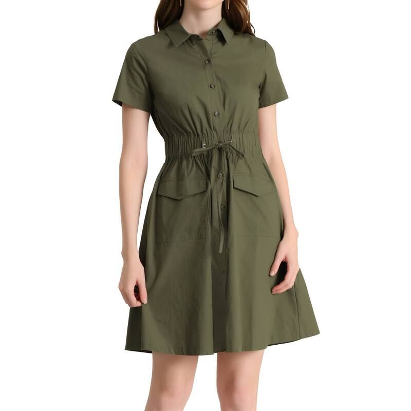 アレグラ ケー レディース トップス ワンピース ミニ ALLEGRA K Womens Fit and Flare Collar Pocket Elastic Waist Mini Dress Gray Green グレー