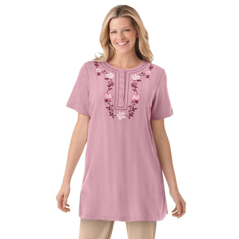 ウーマン ウィズイン レディース トップス Tシャツ プラスサイズ 刺繍 Woman Within Plusize 7Day Embroidered Pointelle Tunic Dusty Pink Floral ピンク