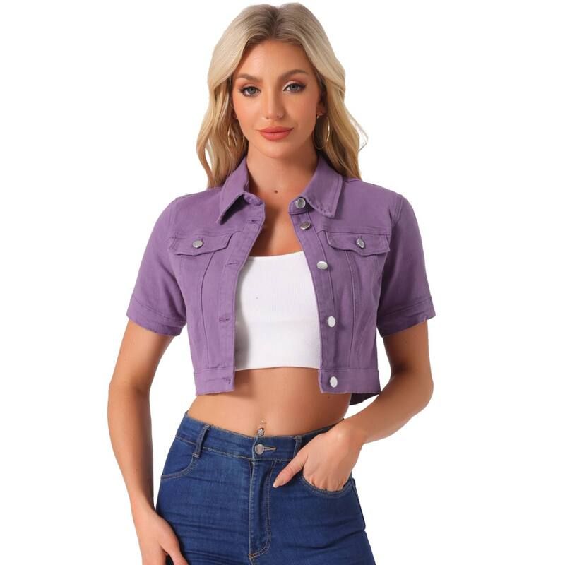 アレグラ ケー レディース アウター ジャケット・ブルゾン クロップド デニム ALLEGRA K Womens Casual Short Sleeves Button Croppedenim Jacket Purple パープル