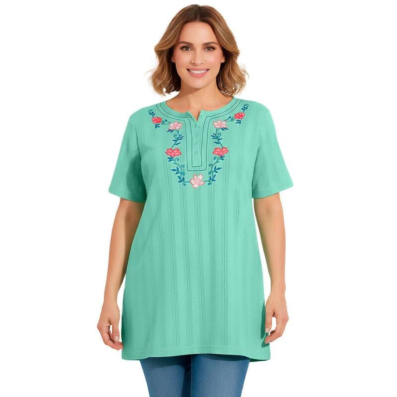 ウーマン ウィズイン レディース トップス Tシャツ プラスサイズ 刺繍 Woman Within Plusize 7Day Embroidered Pointelle Tunic Pale Seafoam Floral
