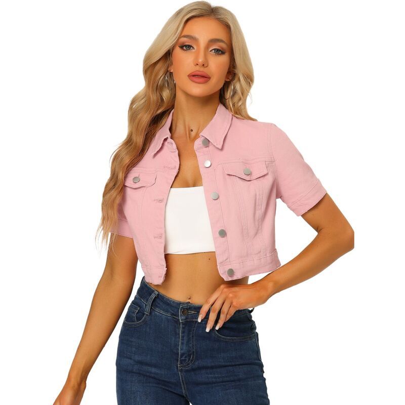 アレグラ ケー レディース アウター ジャケット・ブルゾン クロップド デニム ALLEGRA K Womens Casual Short Sleeves Button Croppedenim Jacket Pink ピンク