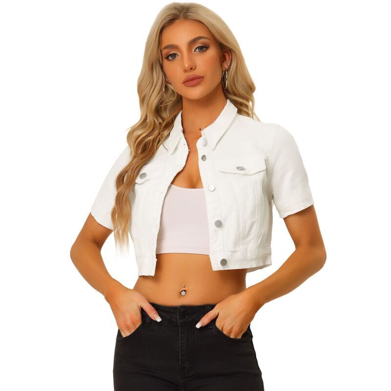 アレグラ ケー レディース アウター ジャケット・ブルゾン クロップド デニム ALLEGRA K Womens Casual Short Sleeves Button Croppedenim Jacket White ホワイト