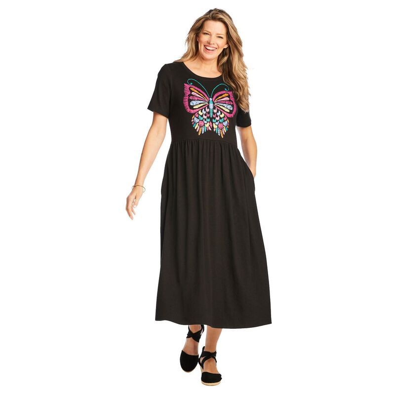 ウーマン ウィズイン レディース トップス ワンピース プラスサイズ 半袖 エンパイア Woman Within Plusize ShortSleeve Scoopneck Empire Waist Dress Black Multi Butterfly ブラ