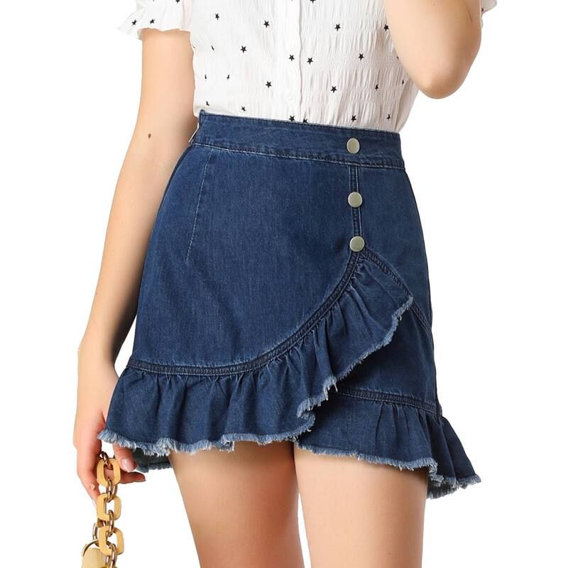アレグラ ケー レディース ボトムスカート フリル裾 フリル ミニ デニム ジーンズ ALLEGRA K Womens Ruffle Hem Button Front Mini Denim Jeanskirt Blue ブルー