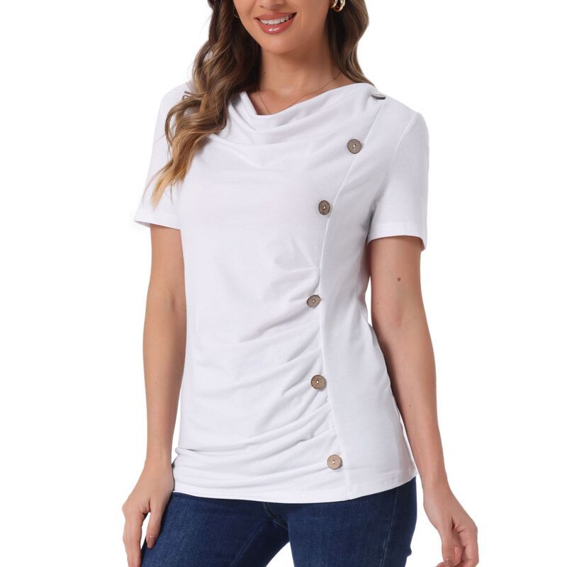 アレグラ ケー レディース トップス Tシャツ ギャザー ブラウス ニット ALLEGRA K Cowl Neck Blouse For Women Short Sleeve Casual Basic Tshirt Solid Knitted Buttons