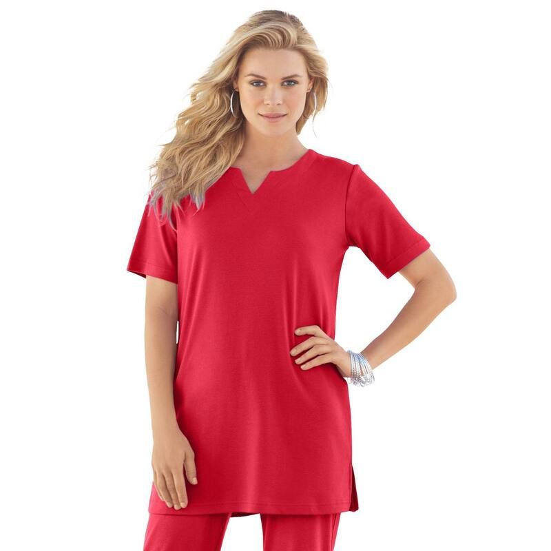 ロアマンズ レディース トップス Tシャツ プラスサイズ ニット Roamans Womens Plusize Soft Knitunic With Notch Neckline Vivid Red レッド