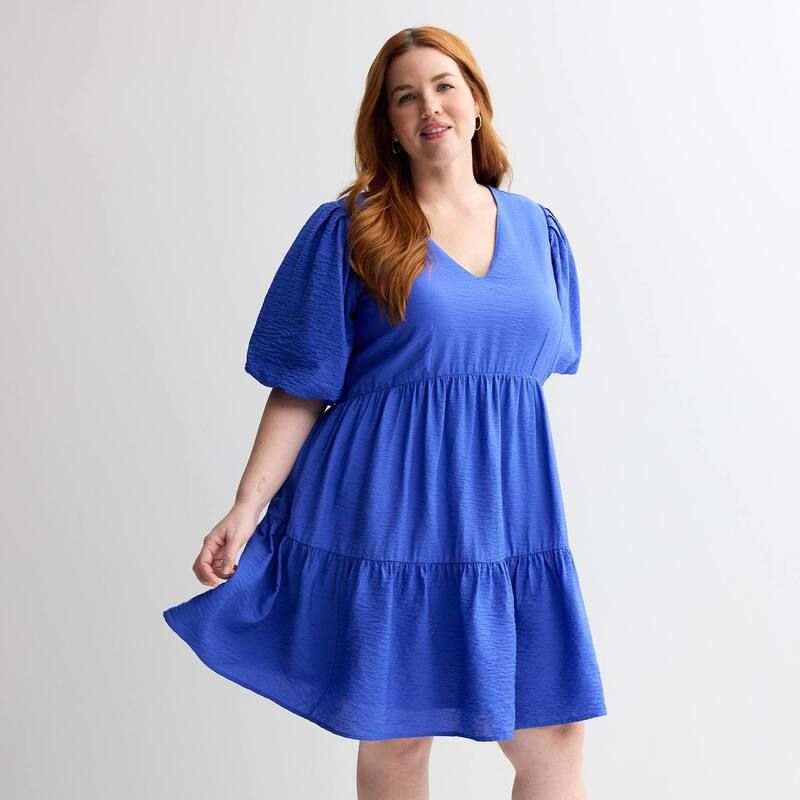 ナインウェスト レディース トップス ワンピース プラスサイズ Plusize Nine West Bubble Sleeve Babydoll Dress Nicole Blue ブルー